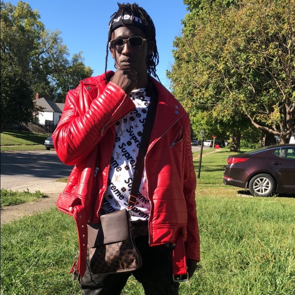 RED LEATHER JORDAN CRAIG  BIKER COAT